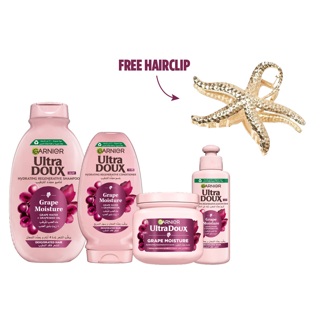Garnier Ultra Doux Grape Moisture Complete Hair Care Bundle + Free Hair Clip